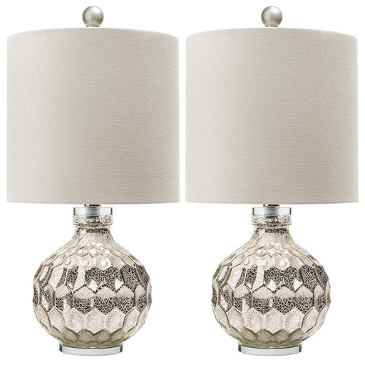 2 x Silver Hexagon Mercury Glass Table Lamp With White Linen Drum Shade,Hand Crafted Elegant Bedroom Lamps For Nightstand Set Of 2,19" High Harp Construction,E26 Medium Base